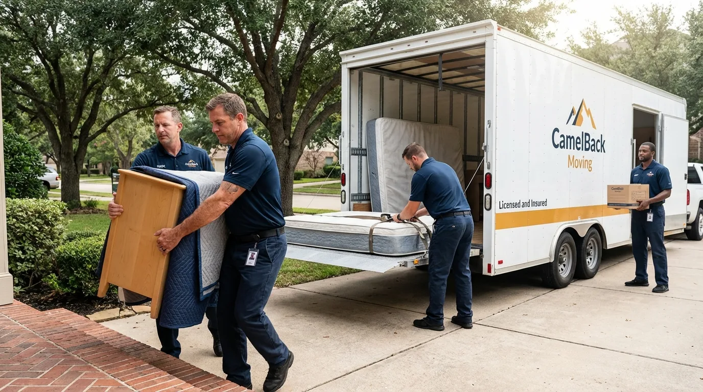 Crew loading residential truck for cross-state move from Normal, IL