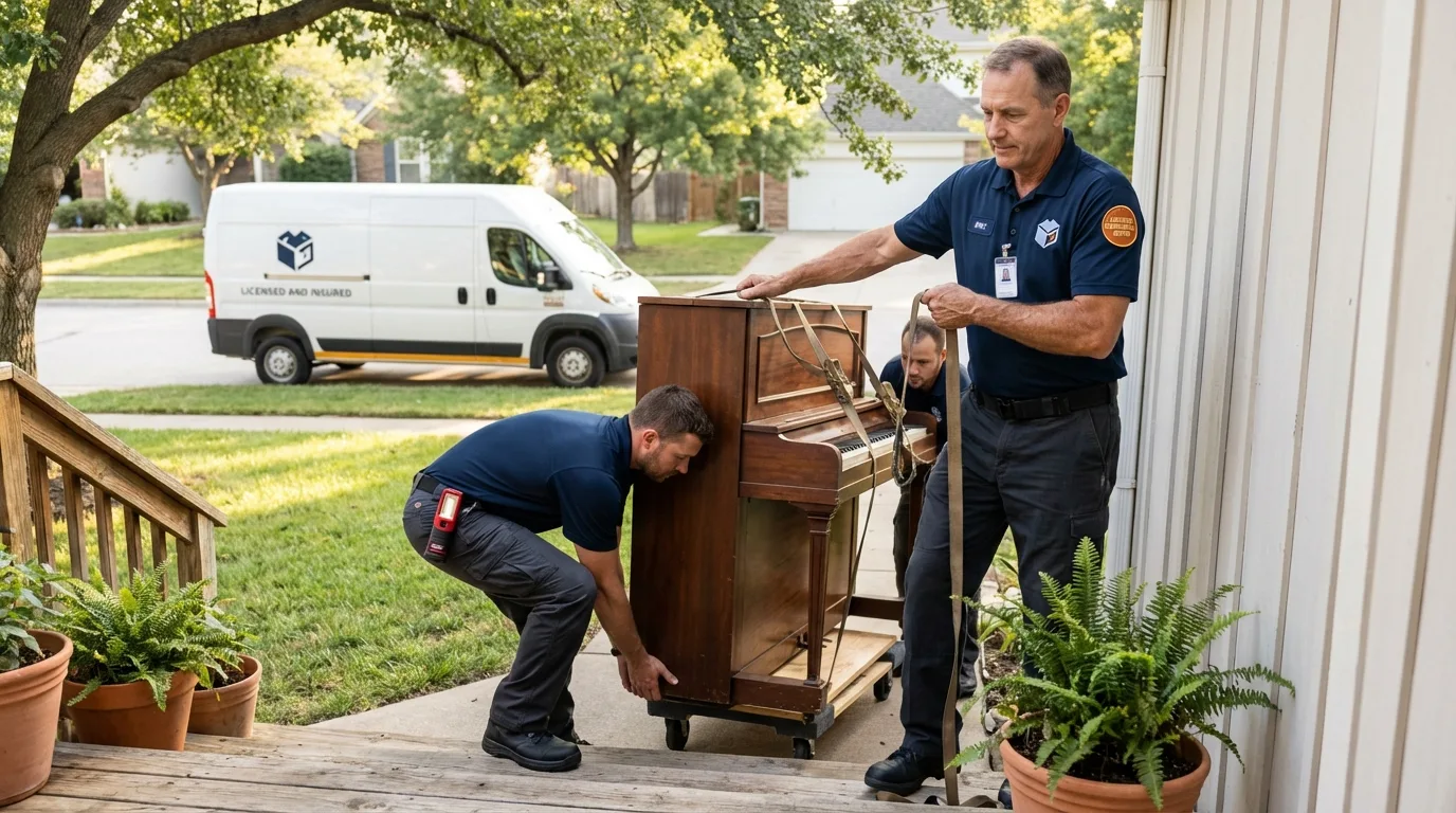 Licensed piano movers securing grand piano in Normal, IL