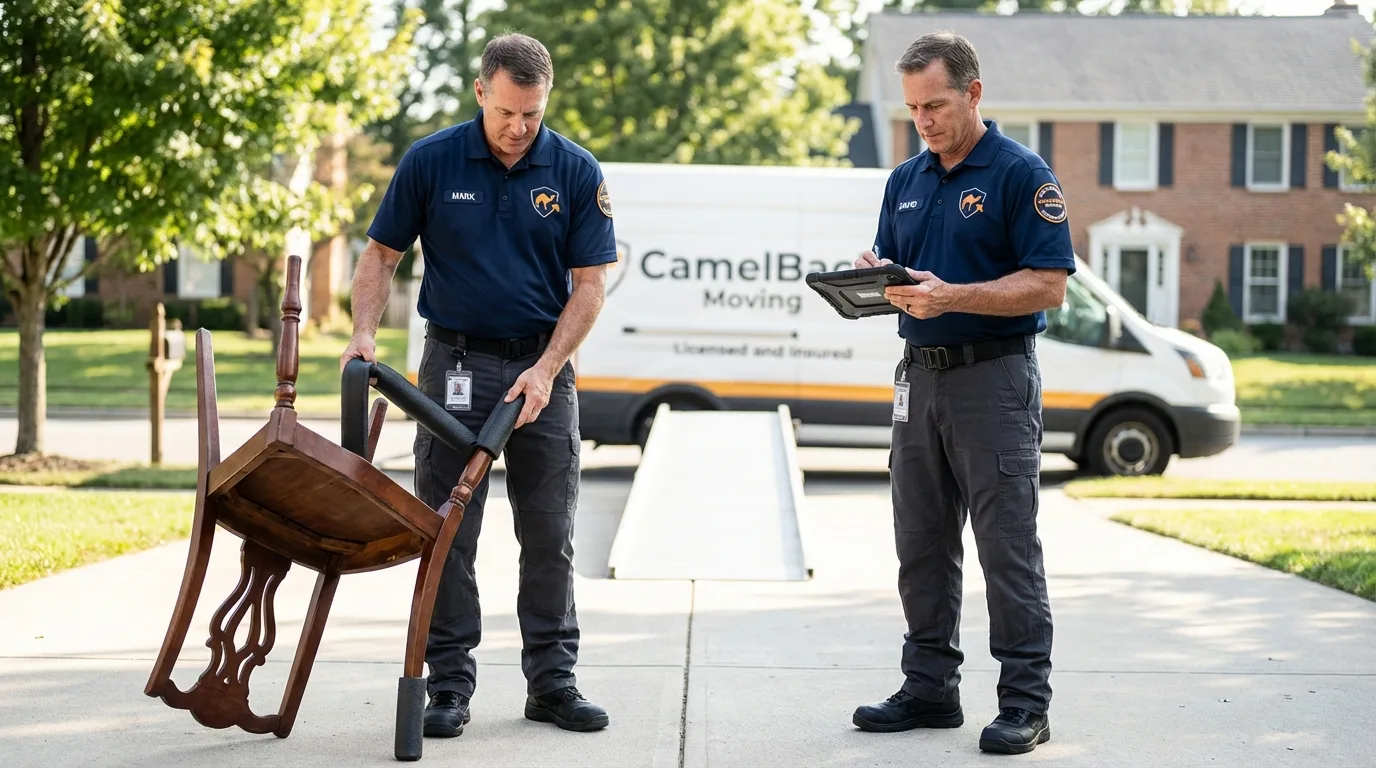 Movers inspecting furniture for damage prevention before loading in Normal, IL