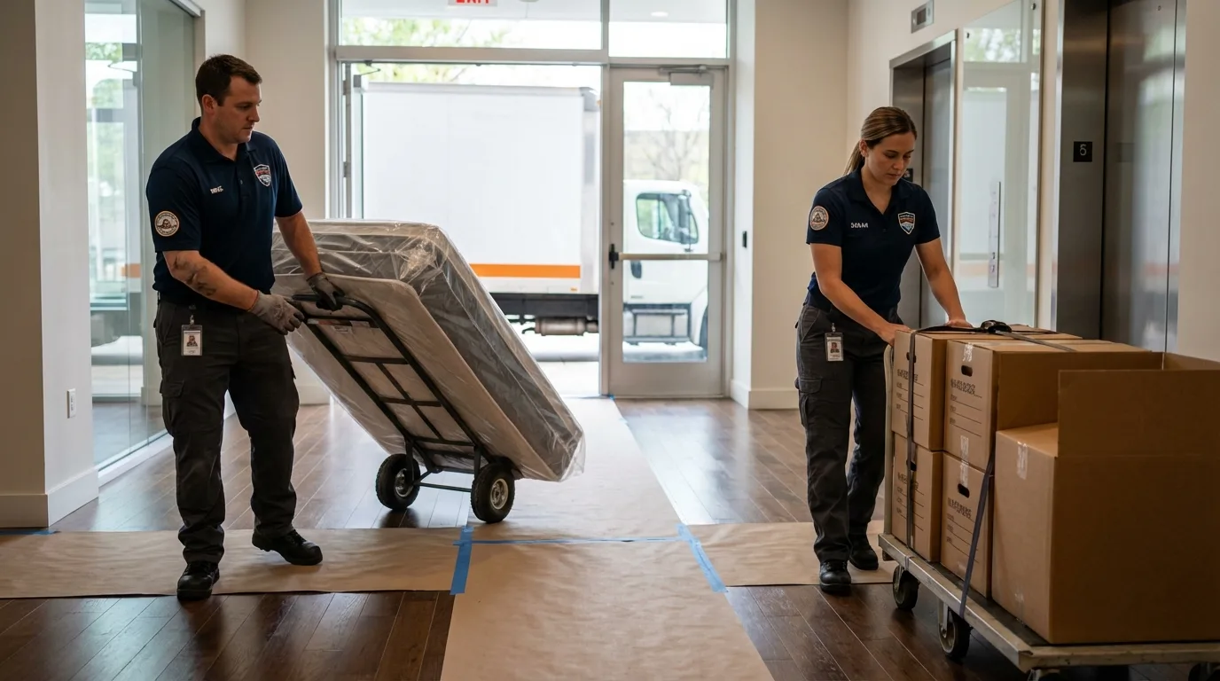 Professional apartment movers loading elevator in Normal, IL